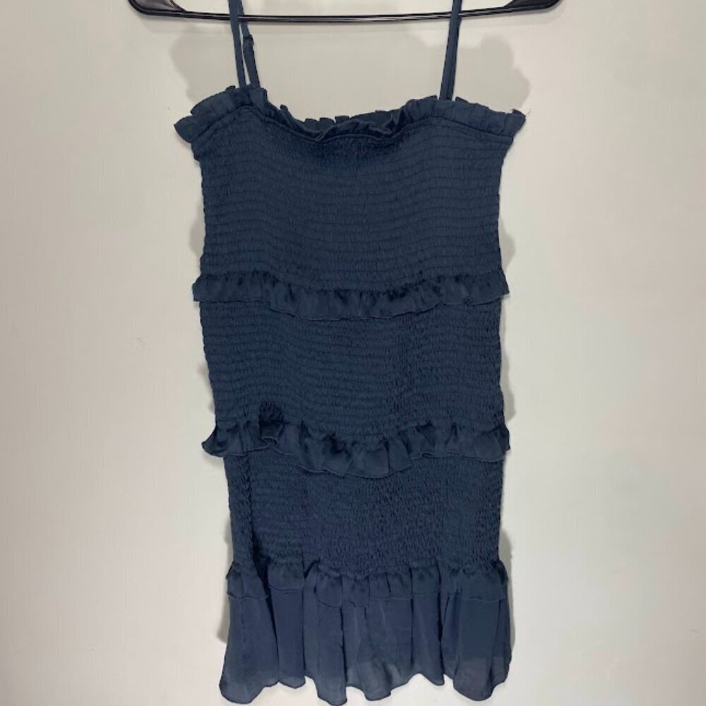 Mable Navy Satin Smocked Ruffle Mini Dress - Picture 2 of 6